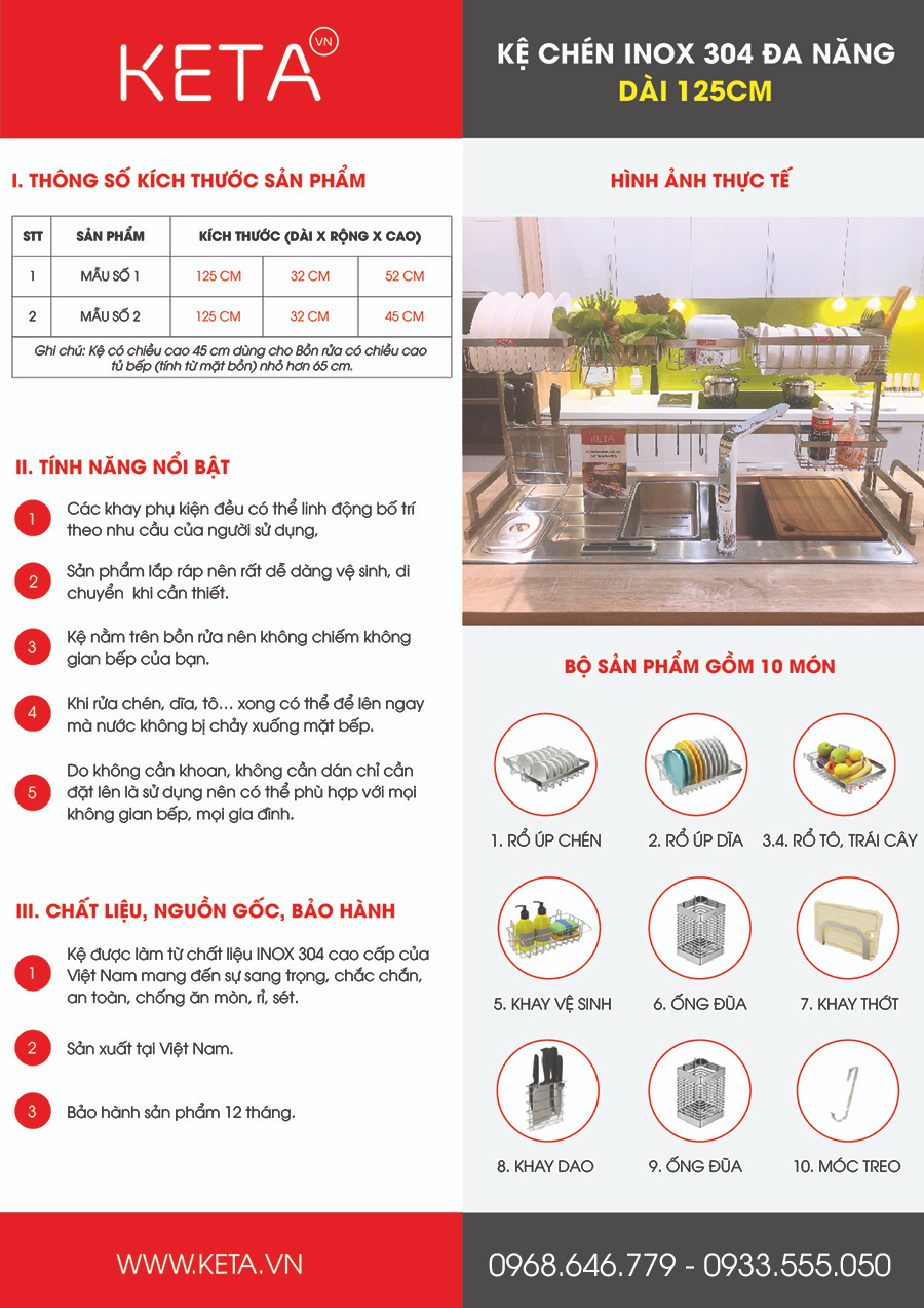 Kệ chén inox KETA 125cm