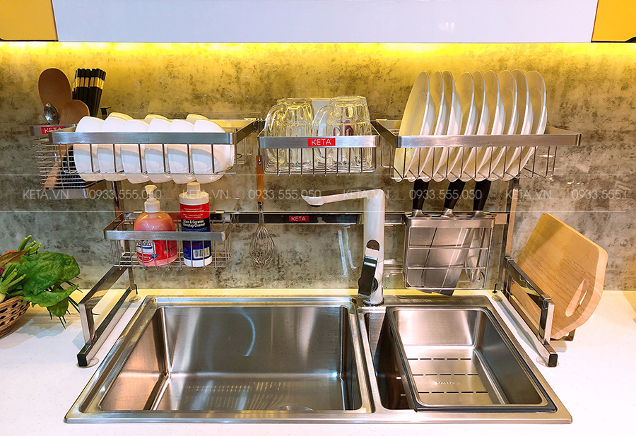 Kệ úp chén dĩa inox 304 dài 95cm đặt trên bồn rửa - mẫu đa năng KETA